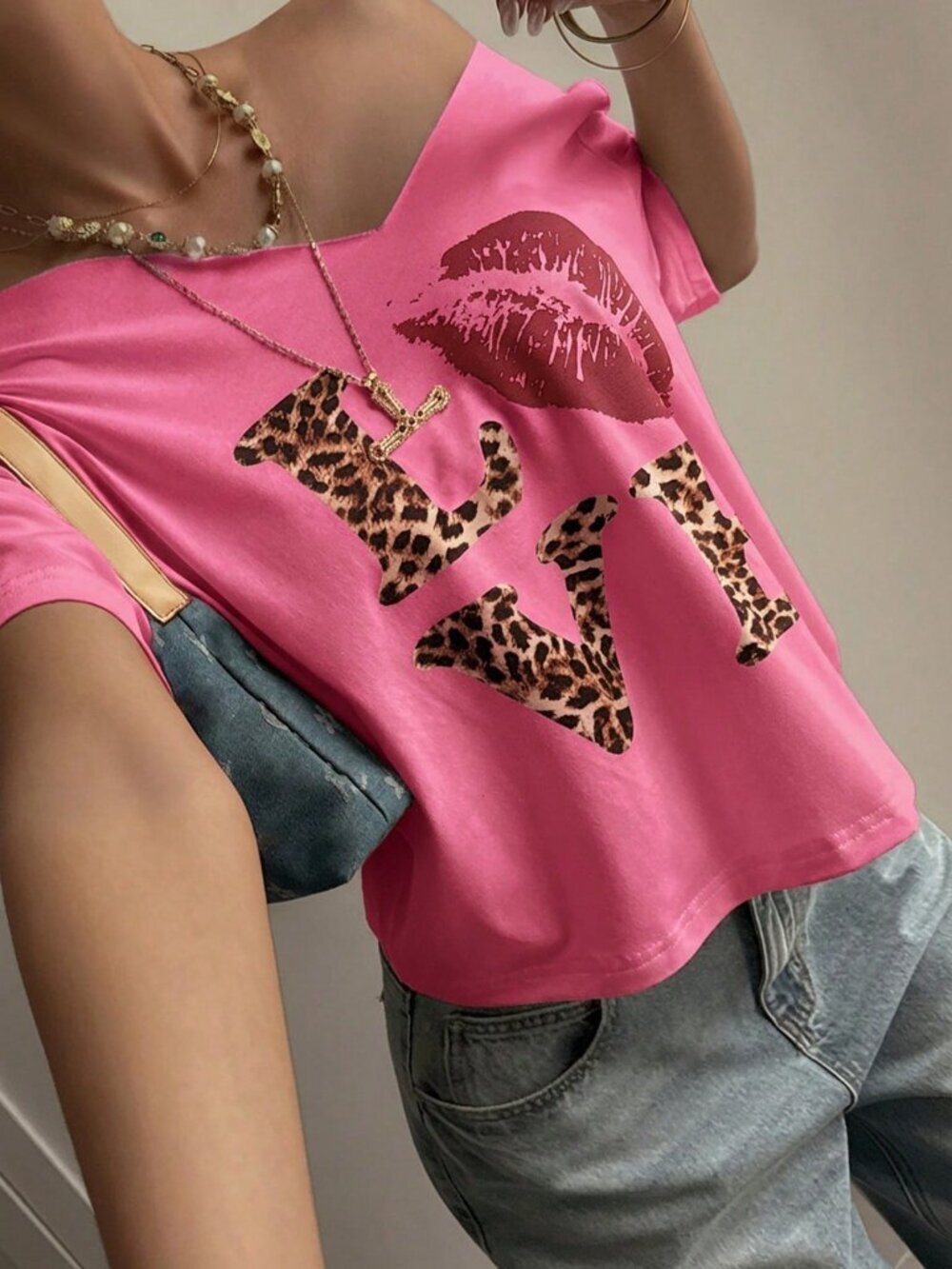 Pink Casual Women's Loose Graphic Leopard Print T-Shirt